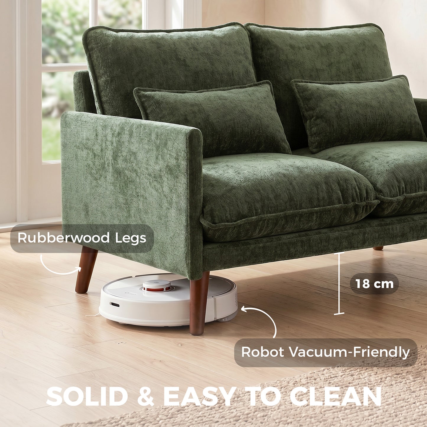 2 Seater Sofa, 131cm Velvet-Feel Fabric Loveseat Sofa with Spring Cushions, Wide and Deep Seat, Wood Legs, 2 Pillows, Modern Couch Settee for Small Space, Living Room, Bedroom, Office, Green