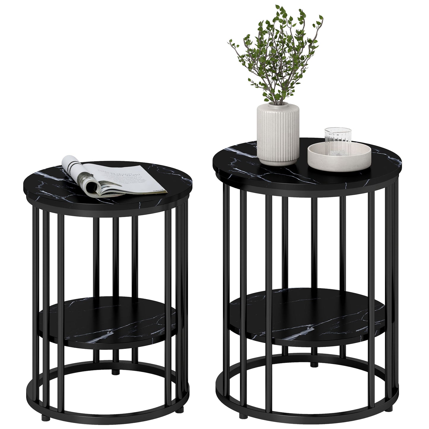 Marble-Effect Round Coffee Table Set of 2 for Living Room, Black