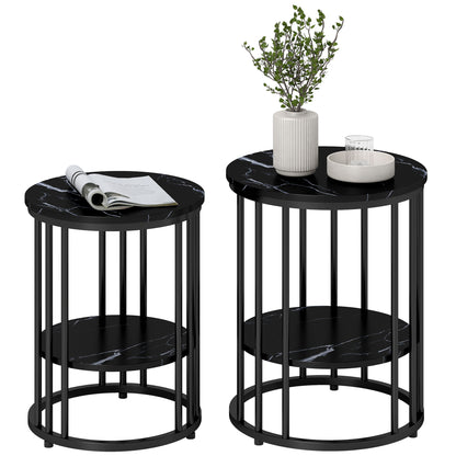 Marble-Effect Round Coffee Table Set of 2 for Living Room, Black