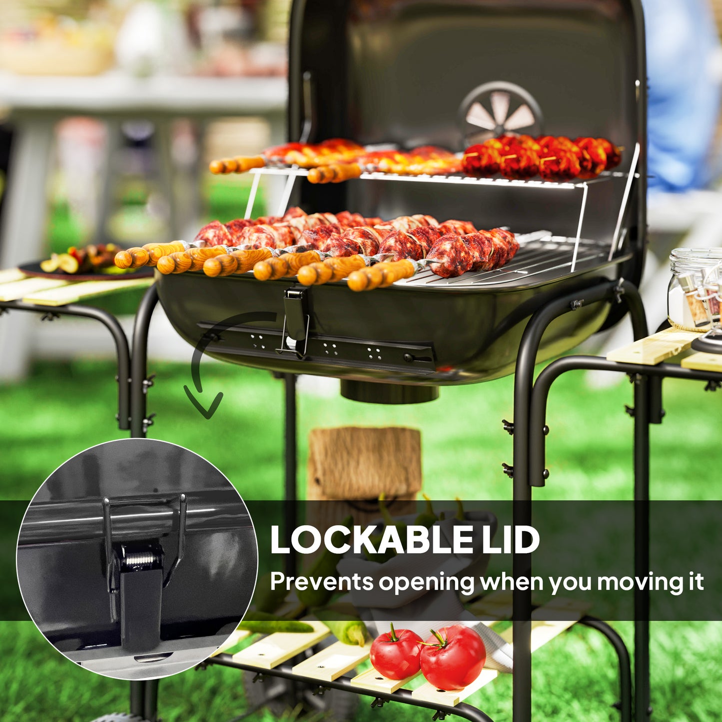 Charcoal Barbecue Grill Portable BBQ with Lockable Lid, Vent, Black