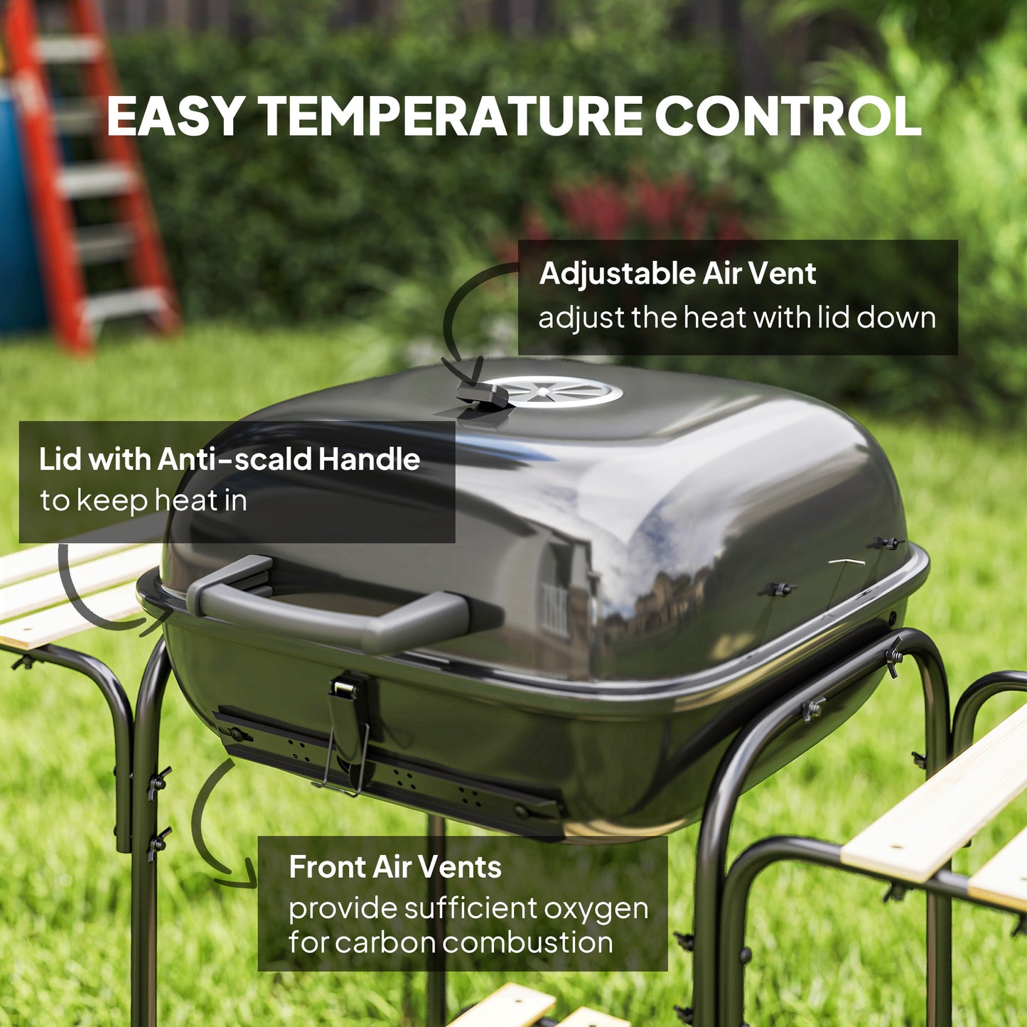 Charcoal Barbecue Grill Portable BBQ with Lockable Lid, Vent, Black