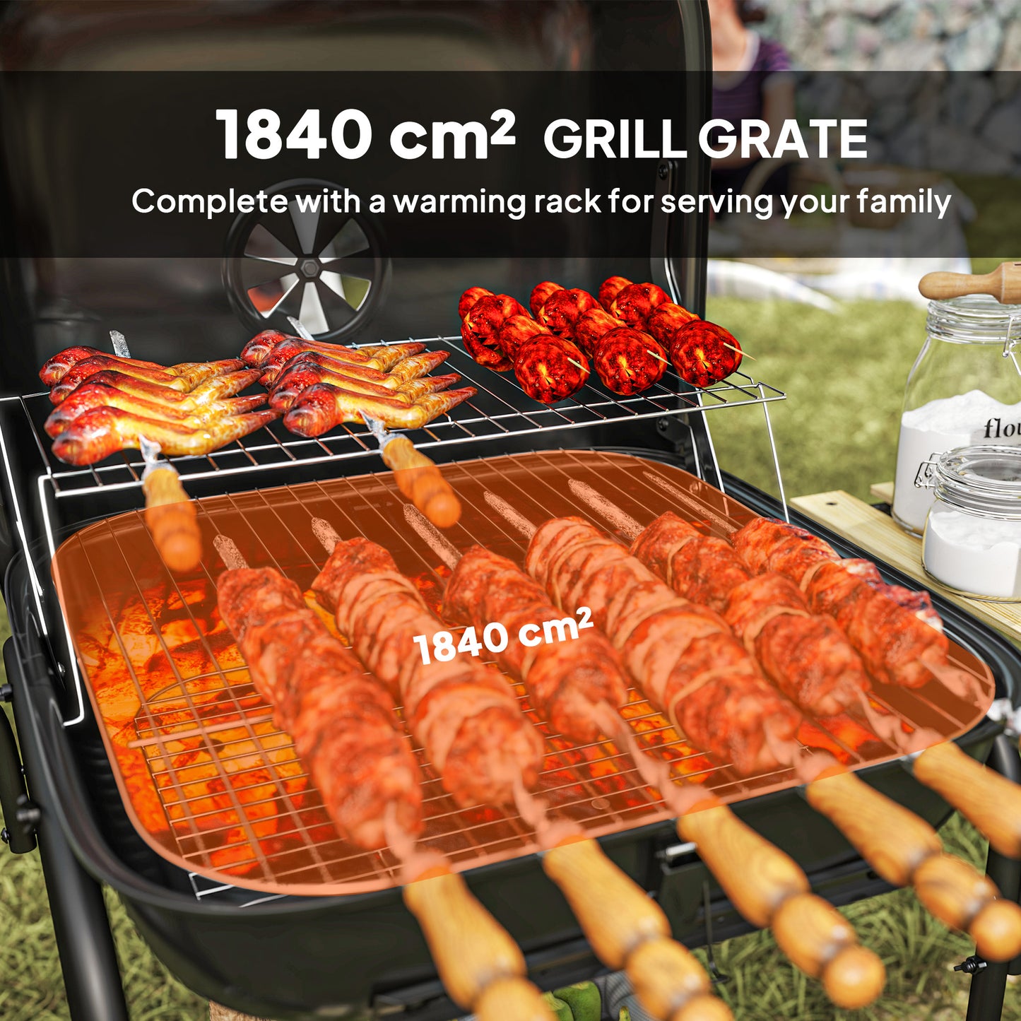 Charcoal Barbecue Grill Portable BBQ with Lockable Lid, Vent, Black