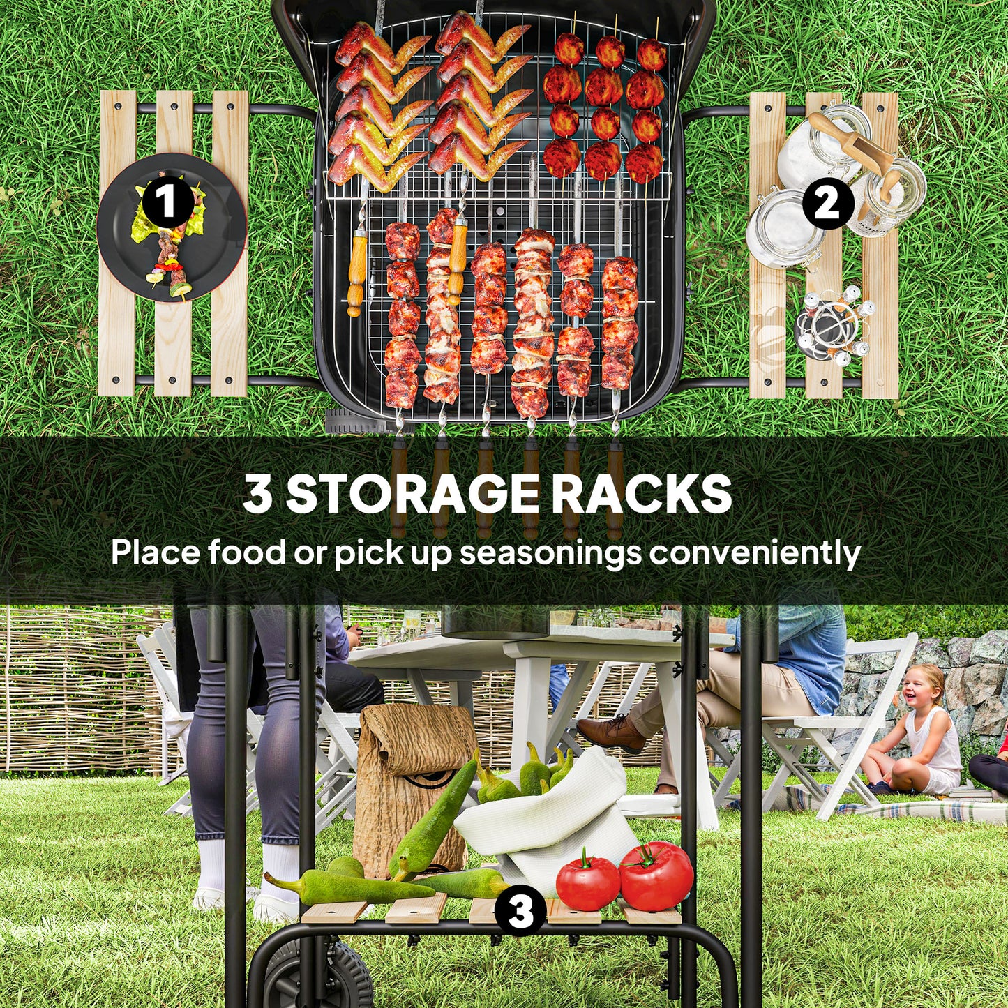 Charcoal Barbecue Grill Portable BBQ with Lockable Lid, Vent, Black