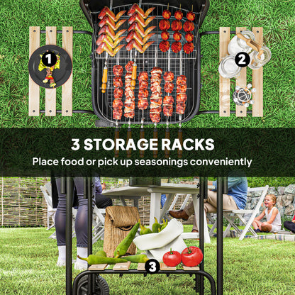 Charcoal Barbecue Grill Portable BBQ with Lockable Lid, Vent, Black