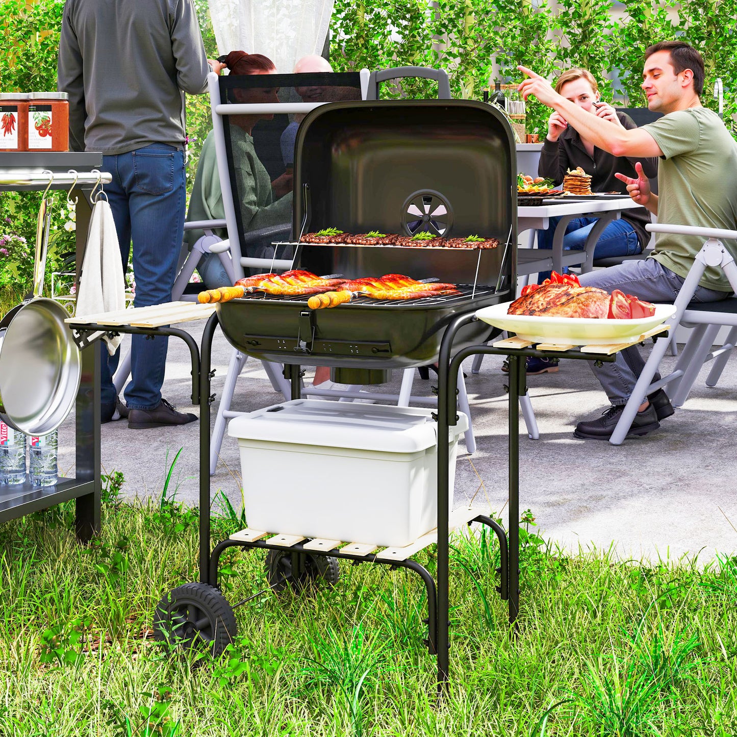 Charcoal Barbecue Grill Portable BBQ with Lockable Lid, Vent, Black