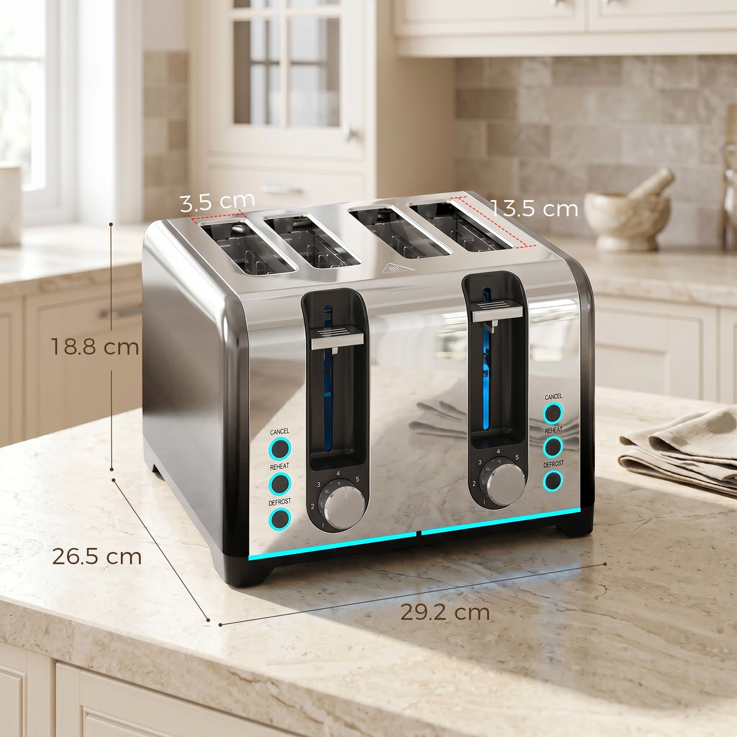 4 Slice Toaster with 7 Browning Levels, Reheat, Defrost and Cancel Functions, Self-Centring Slots, Auto Shut-Off, Removable Crumb Tray, 1860W, Black