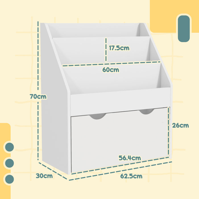 Kids Bookcase w/ 3 Tier Shelves, Drawer, for Bedroom, Nursery, White