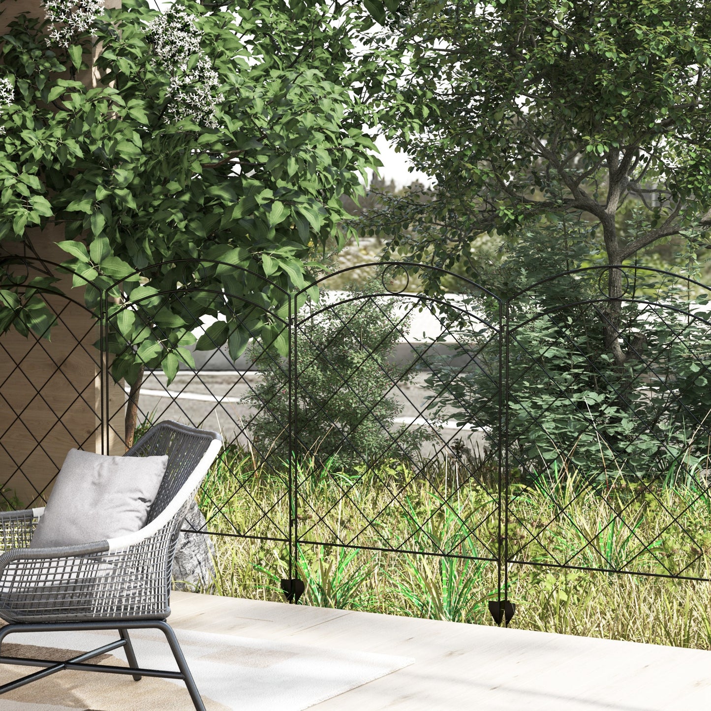 Steel Decorative Outdoor Picket Fence Panels Set of 4, Black