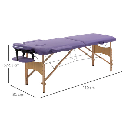 Portable Massage Bed, Folding Spa Beauty Massage Table with 2 Sections, Carry Bag and Wooden Frame, Purple