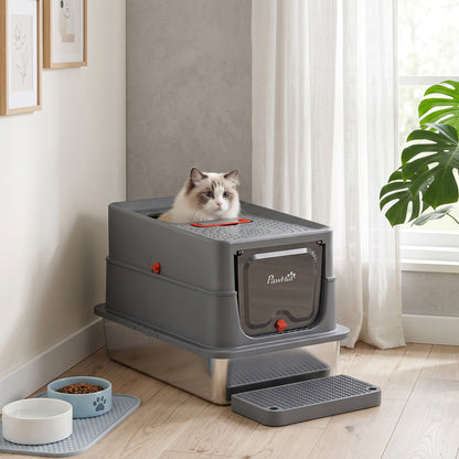 Stainless Steel Cat Litter Tray with Lid, Step, Scoop, High Side