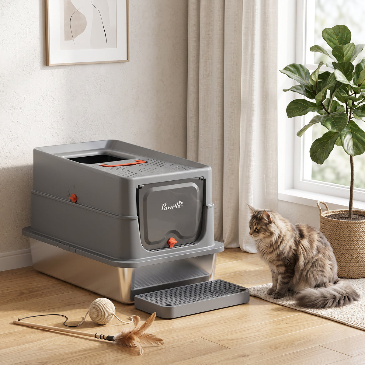 Stainless Steel Cat Litter Tray with Lid, Step, Scoop, High Side