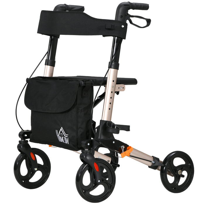 4 Wheel Rollator with Seat and Back, Folding Mobility Walker, Adjustable Height, Dual Brakes, Cane Holder, Lightweight Aluminium