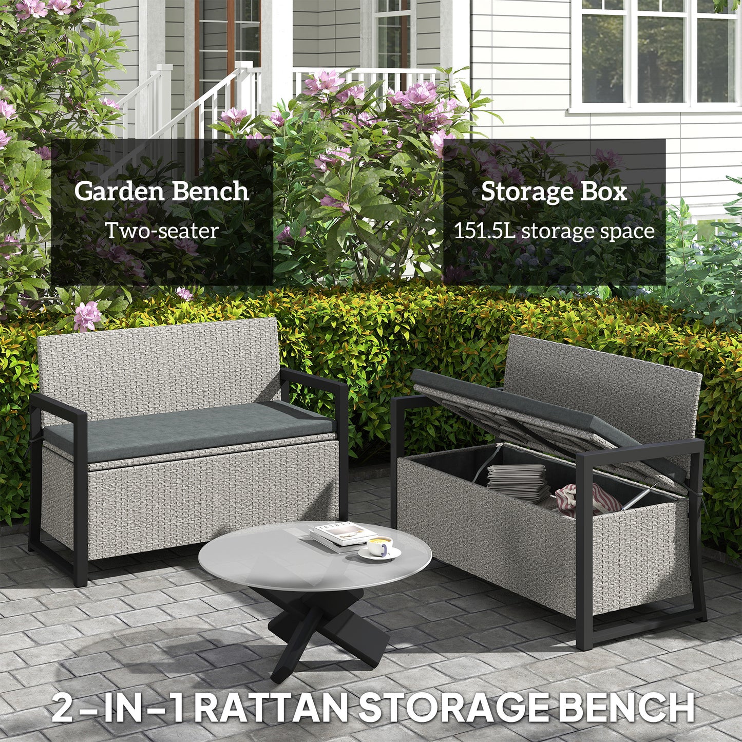 Rattan Garden Bench with Storage, Inner Bag, 151.5L Outdoor Bench