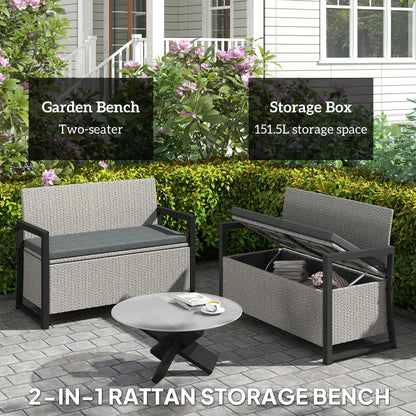 Rattan Garden Bench with Storage, Inner Bag, 151.5L Outdoor Bench
