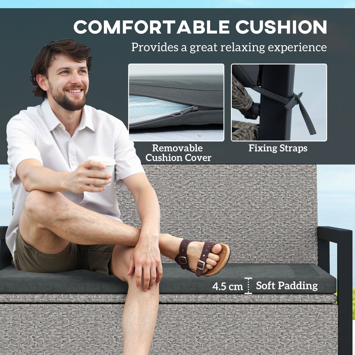 Rattan Garden Bench with Storage, Inner Bag, 151.5L Outdoor Bench