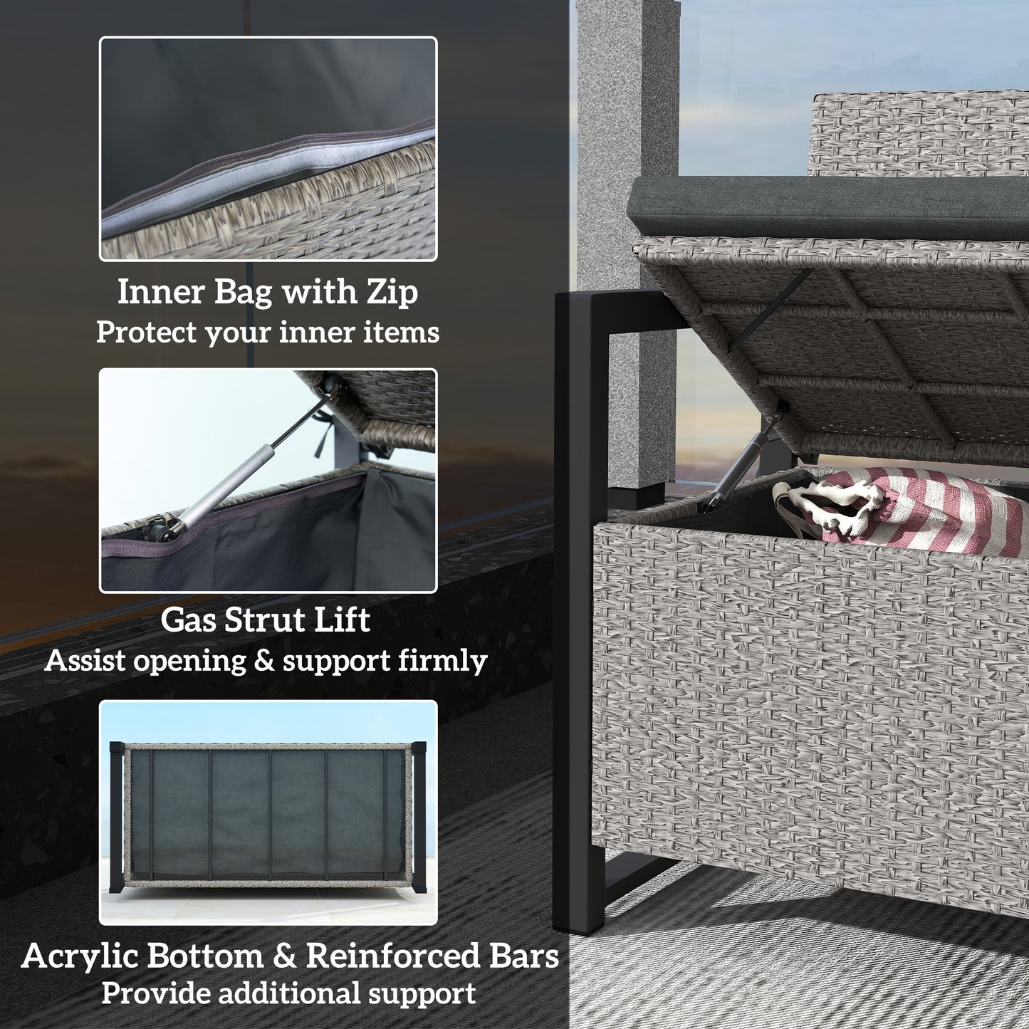 Rattan Garden Bench with Storage, Inner Bag, 151.5L Outdoor Bench