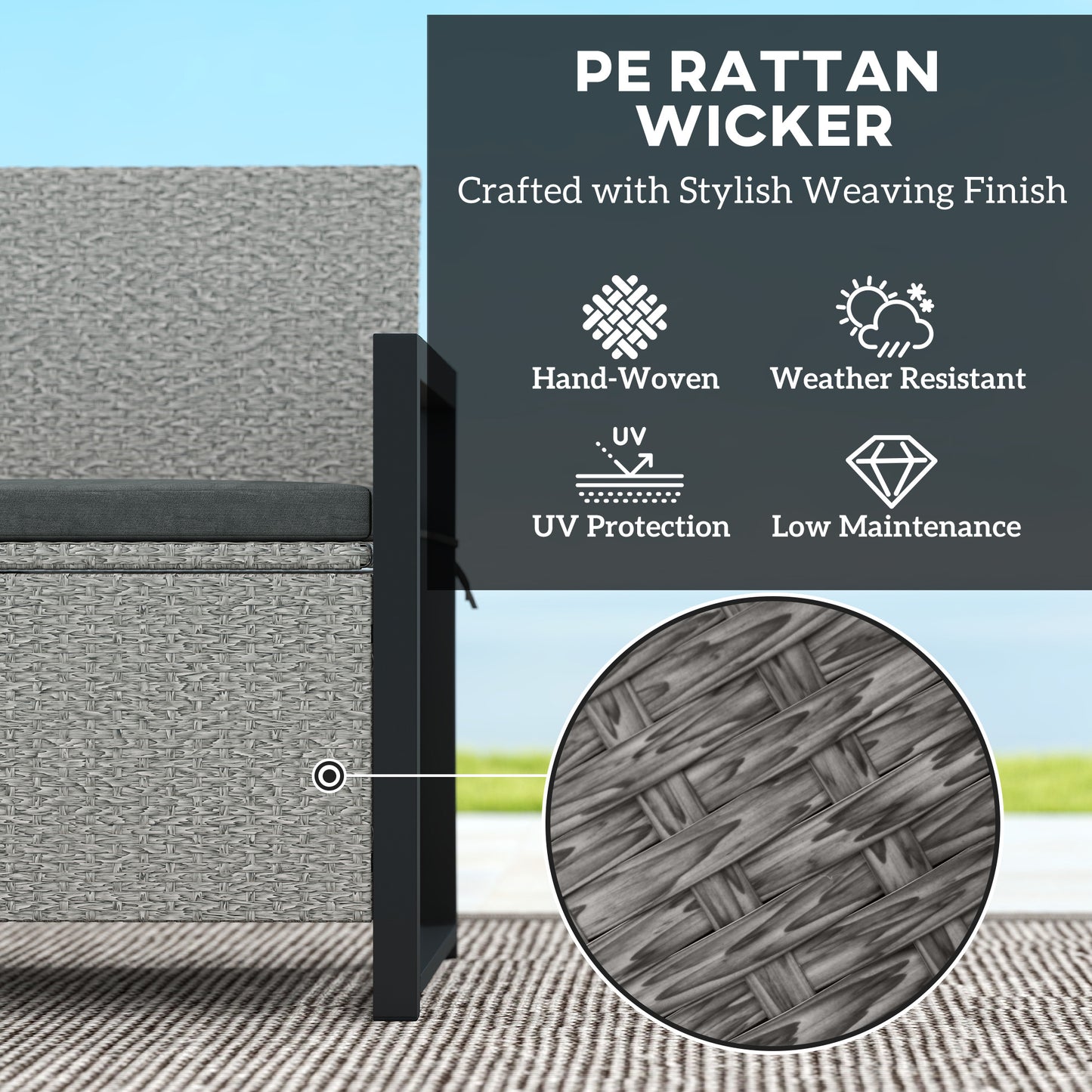 Rattan Garden Bench with Storage, Inner Bag, 151.5L Outdoor Bench