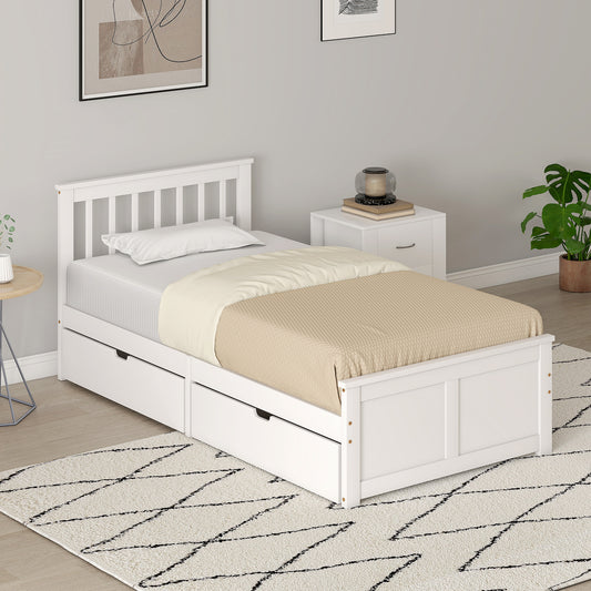 Wooden Single Storage Bed with 2 Drawers, Pine Wood Bed Frame, 90 x 190 cm, White