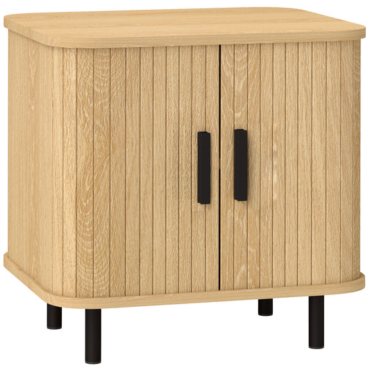 Nightstand with Sliding Doors and Metal Legs for Bedroom Oak Tone
