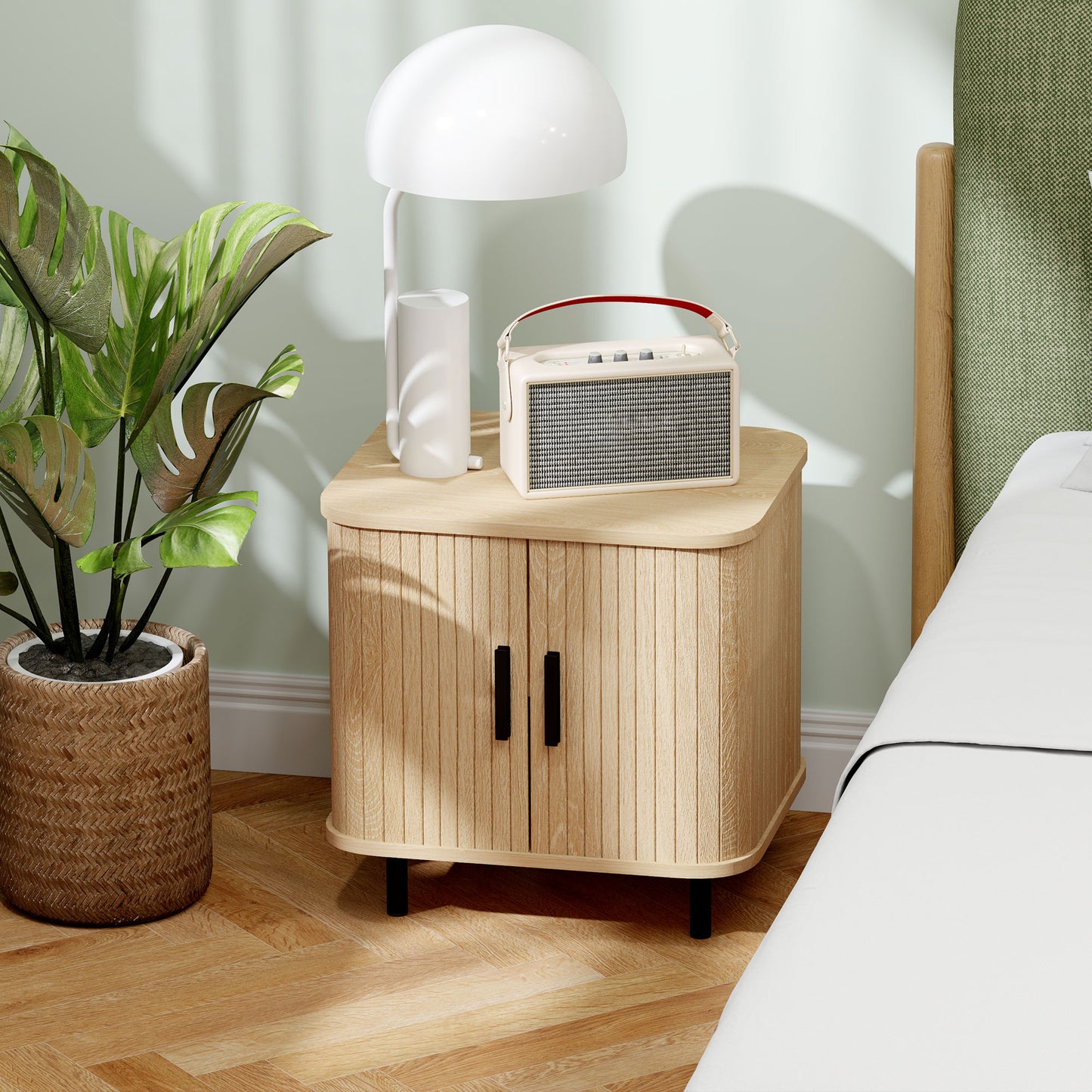 Nightstand with Sliding Doors and Metal Legs for Bedroom Oak Tone