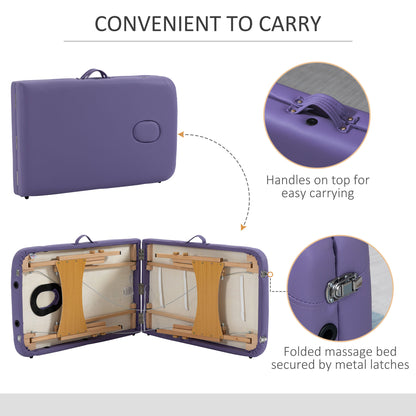 Wooden Folding Spa Beauty Massage Table w/ 2 Sections, Carry Bag, Purple
