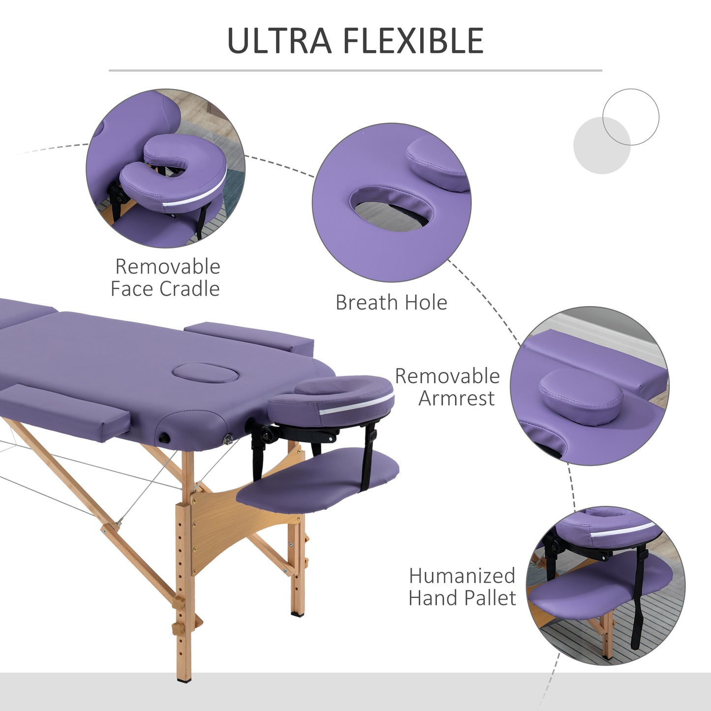 Wooden Folding Spa Beauty Massage Table w/ 2 Sections, Carry Bag, Purple