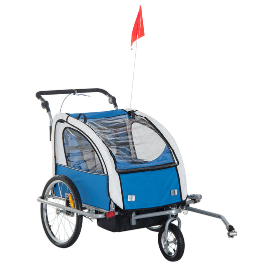 Bike Trailer 2-Seater for Bicycle Baby Child Jogger with Removable Canopy Storage Pocket Outdoor Steel Frame Blue