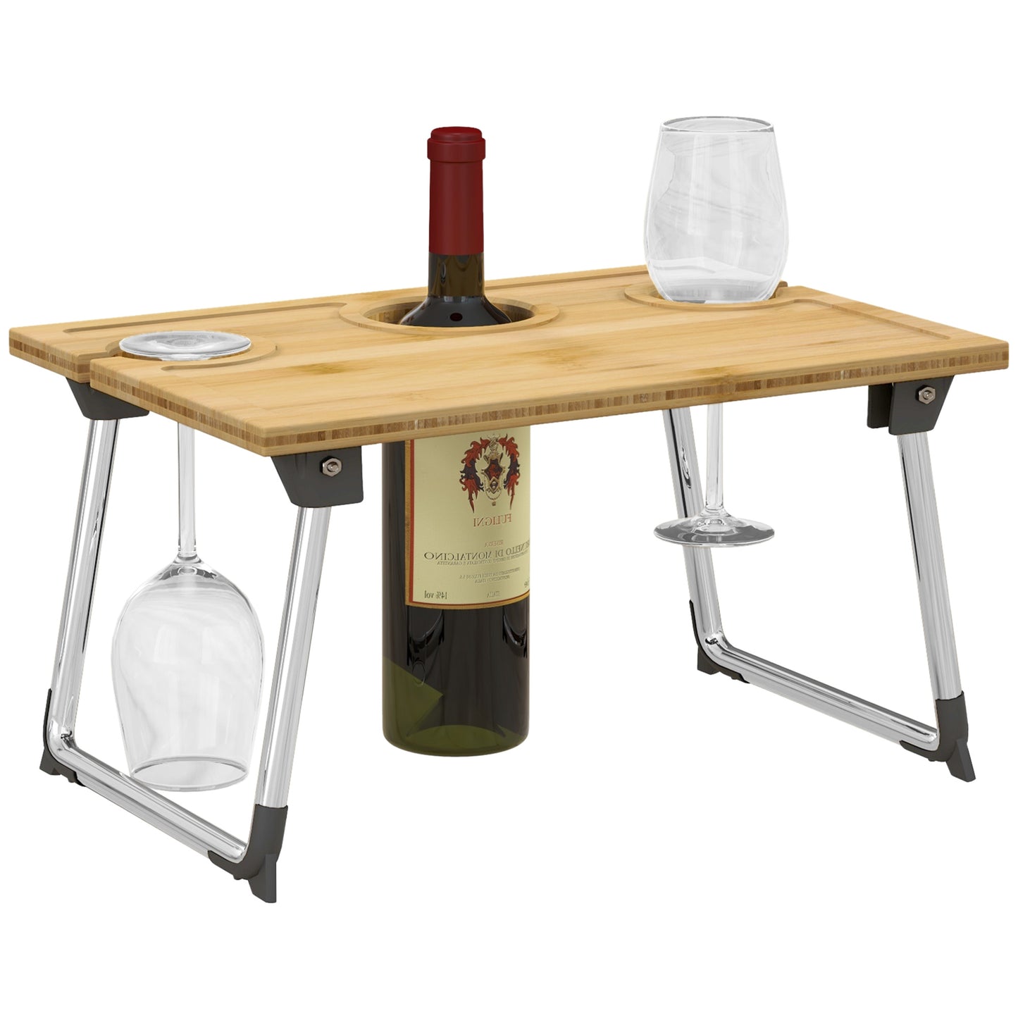 Foldable Wine Table, Bamboo Picnic Table with Bottle Holder, Glass Holder