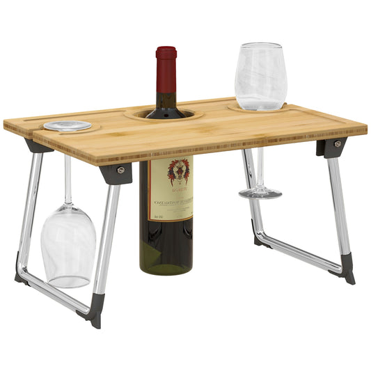 Foldable Wine Table, Bamboo Picnic Table with Bottle Holder, Glass Holder
