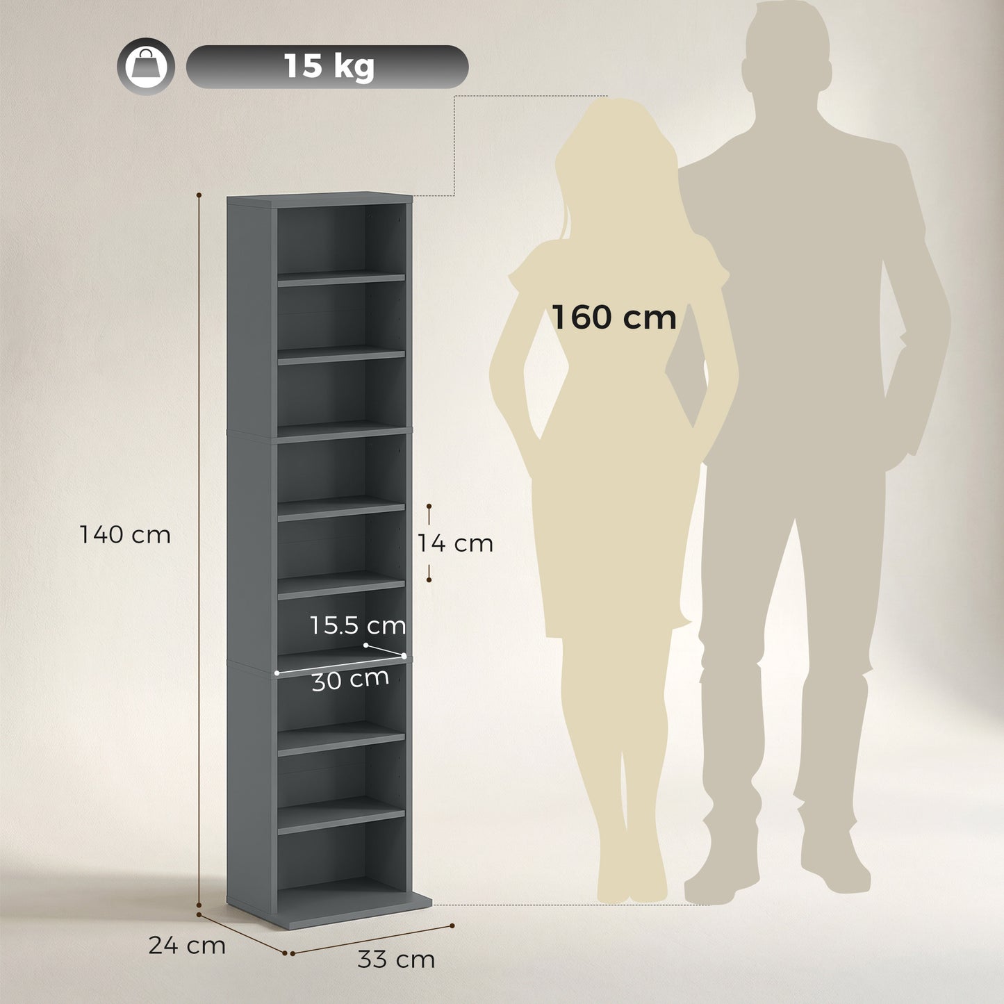 260 CD Storage Unit 120 DVD Storage Tower with 9 Compartments Grey