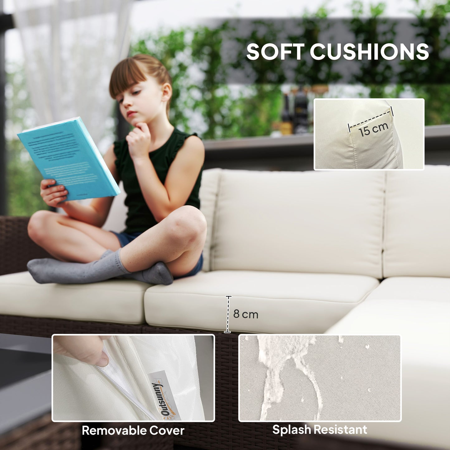 4 Seater Rattan Sofa Set with Footstool Thick Cushions Brown Cream