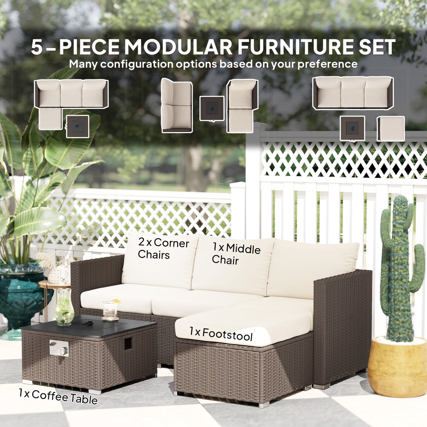 4 Seater Rattan Sofa Set with Footstool Thick Cushions Brown Cream