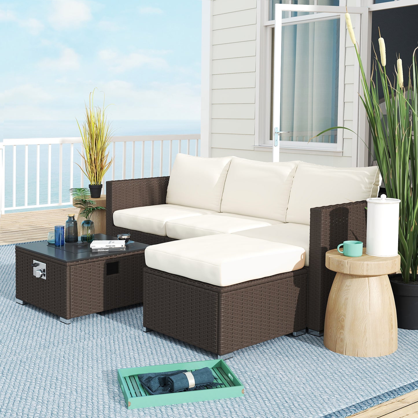 4 Seater Rattan Sofa Set with Footstool Thick Cushions Brown Cream