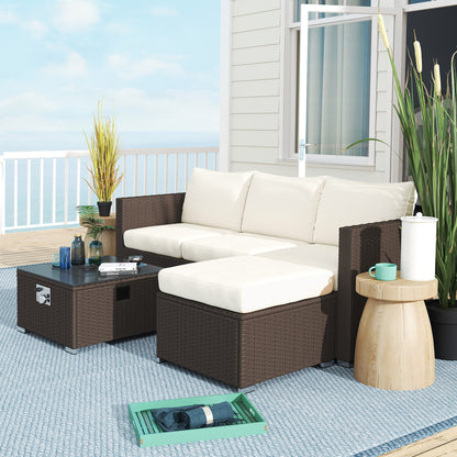 4 Seater Rattan Sofa Set with Footstool Thick Cushions Brown Cream