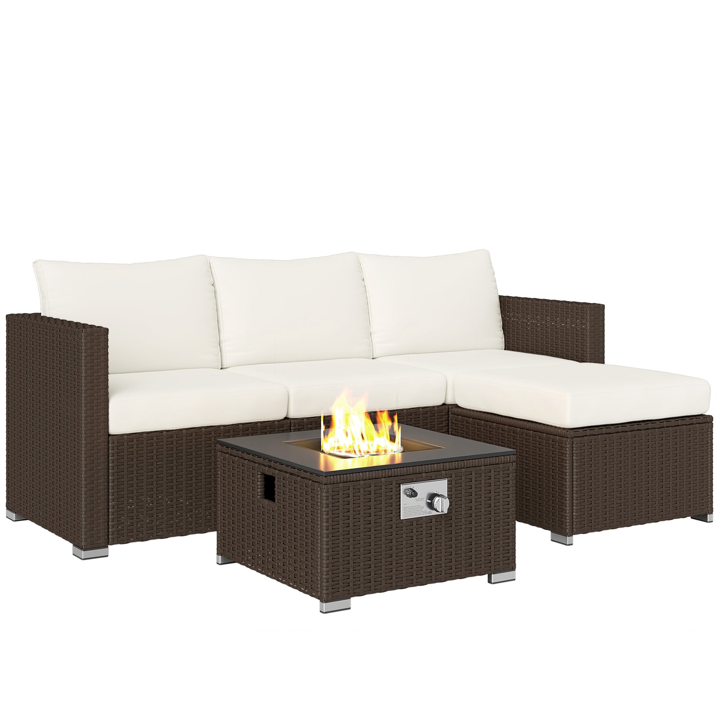 4 Seater Rattan Sofa Set with Footstool Thick Cushions Brown Cream