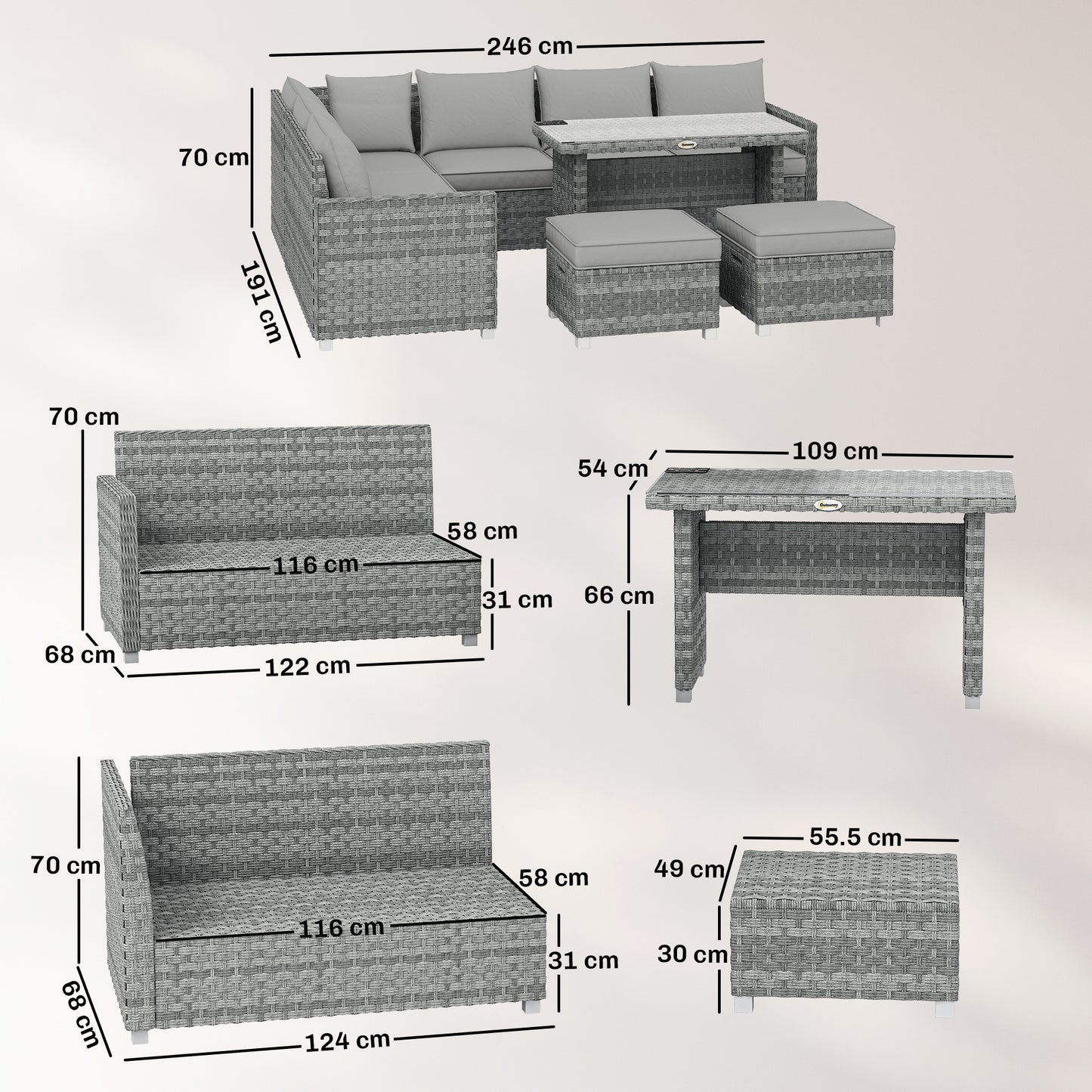 6 Seater Rattan Garden Furniture Set with 3 Sofas, 2 Footstools, Table, Patio Rattan Furniture Sofa Sets, Grey