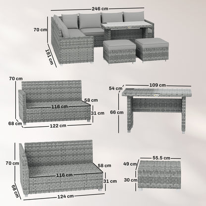 6 Seater Rattan Garden Furniture Set with 3 Sofas, 2 Footstools, Table, Patio Rattan Furniture Sofa Sets, Grey