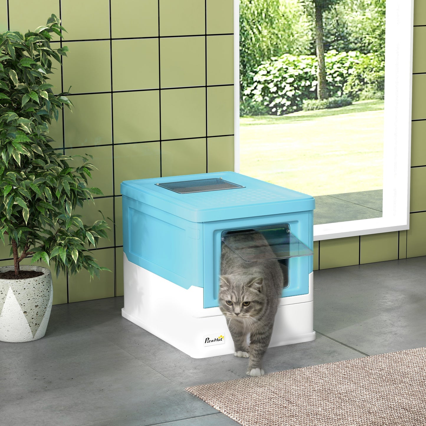 Hooded Cat Litter Box, Pet Toilet w/ Scoop, Tray - Light Blue