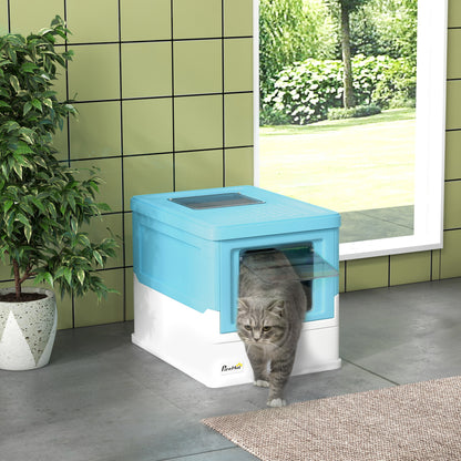 Hooded Cat Litter Box, Pet Toilet w/ Scoop, Tray - Light Blue