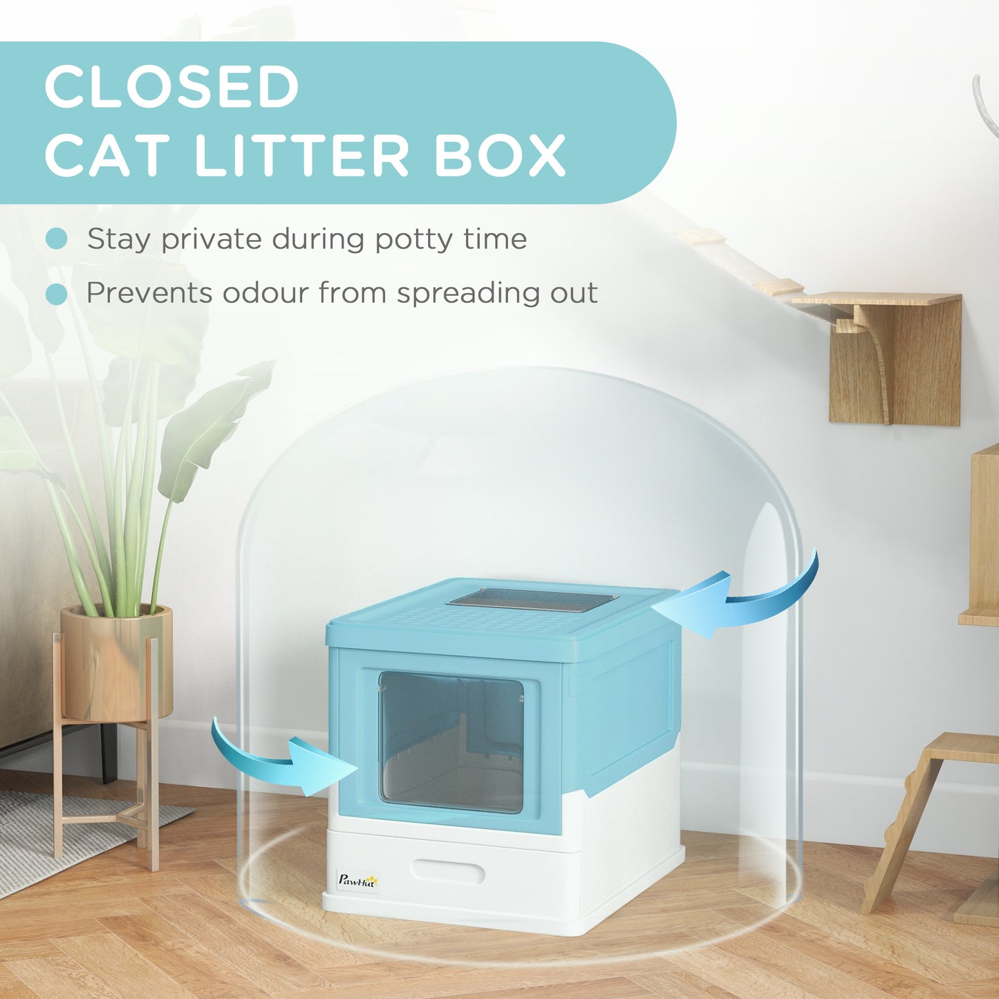 Hooded Cat Litter Box, Pet Toilet w/ Scoop, Tray - Light Blue