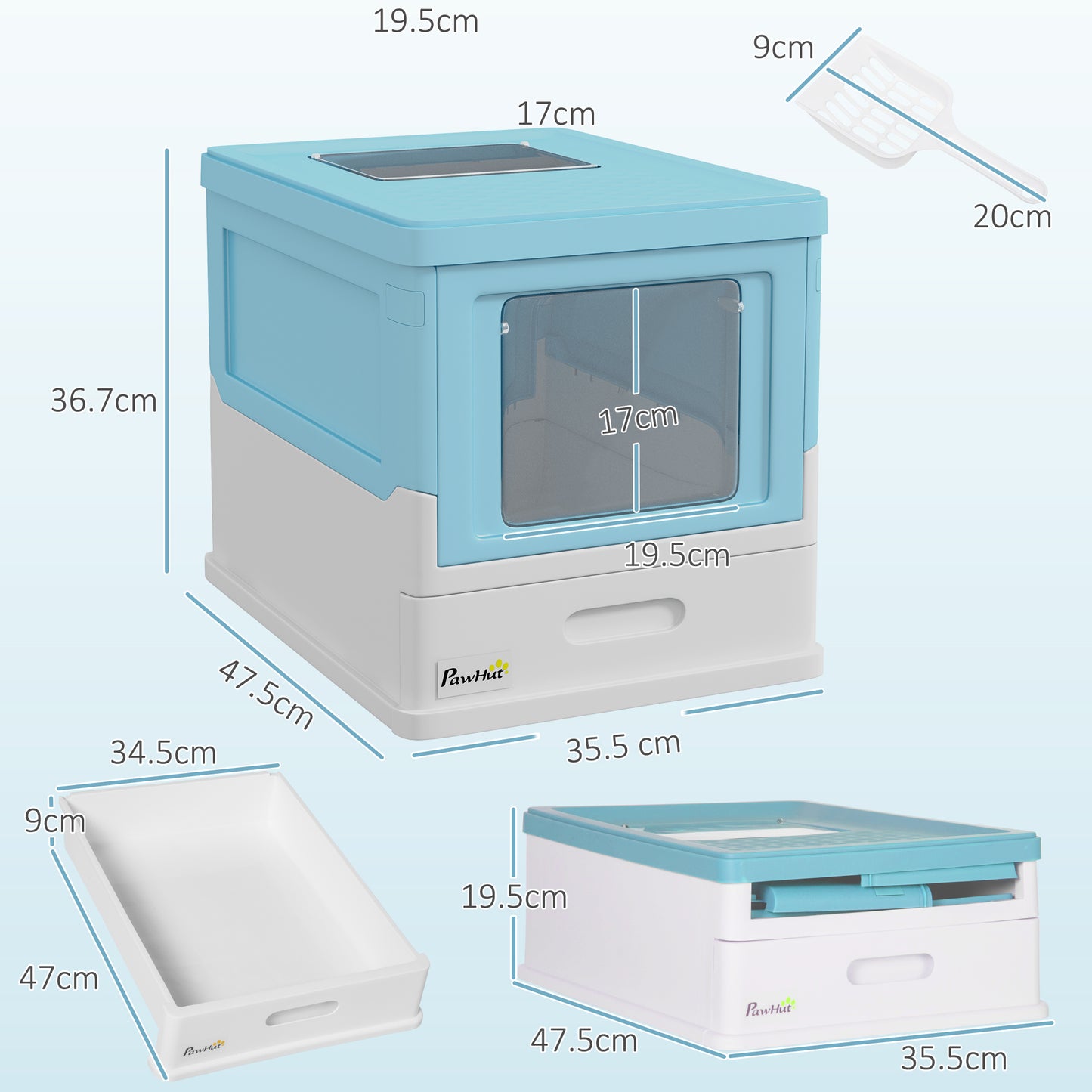 Hooded Cat Litter Box, Pet Toilet w/ Scoop, Tray - Light Blue