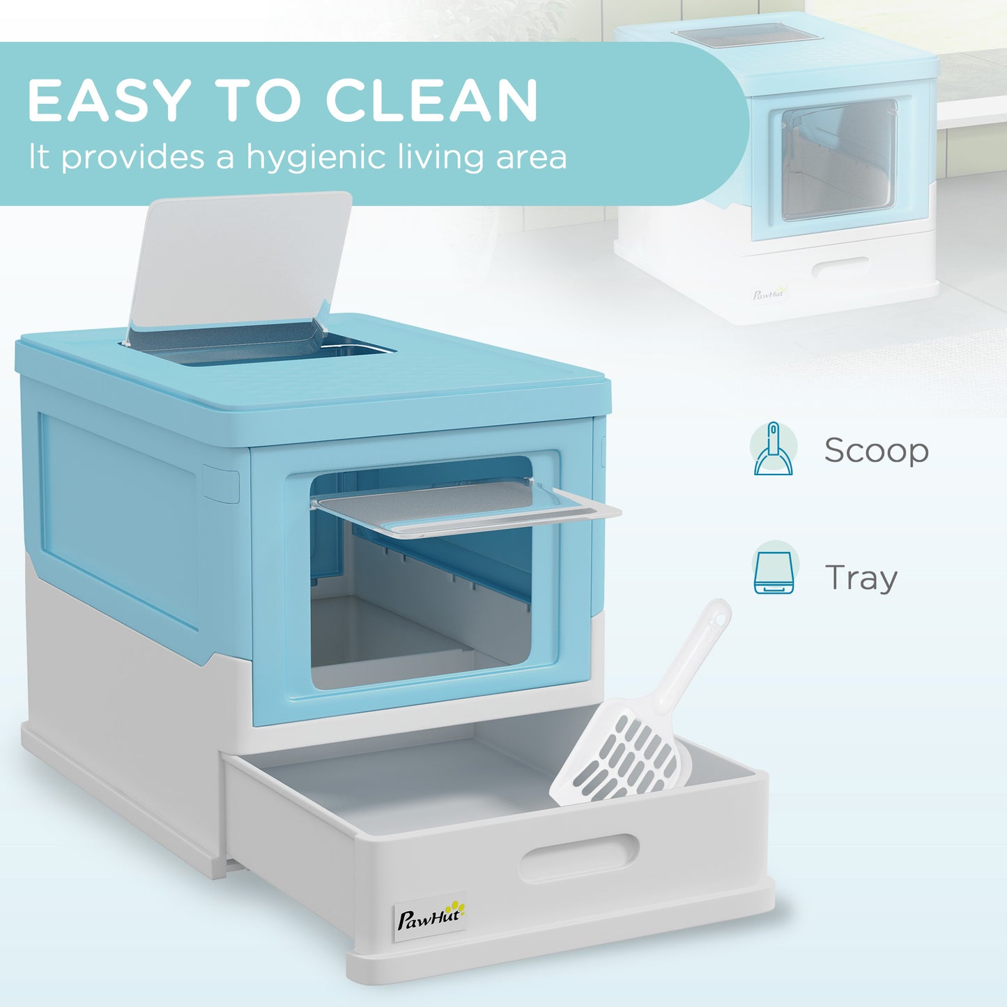 Hooded Cat Litter Box, Pet Toilet w/ Scoop, Tray - Light Blue