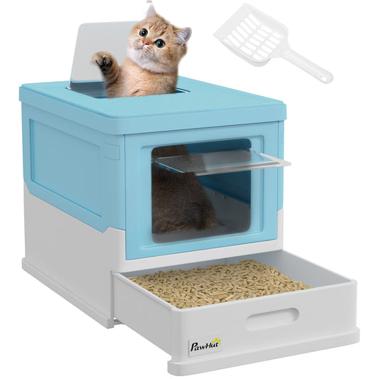 Hooded Cat Litter Box, Pet Toilet w/ Scoop, Tray - Light Blue
