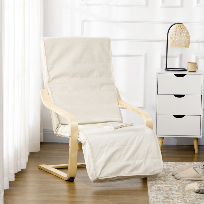 Wooden Lounging Chair Deck Relaxing Recliner Lounge Seat with Adjustable Footrest & Removable Cushion, Cream White