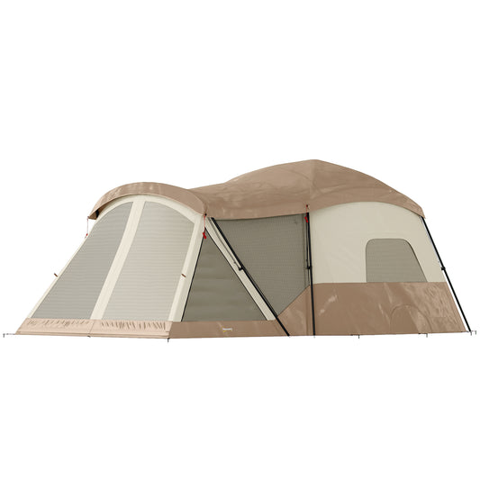 4 Person Easy Setup Family Camping Tent with 2 Rooms, Waterproof Tunnel Tent w/ Sewn In Groundsheet, Doors, Windows, Skylights and Carrying Bag, Brown & Khaki