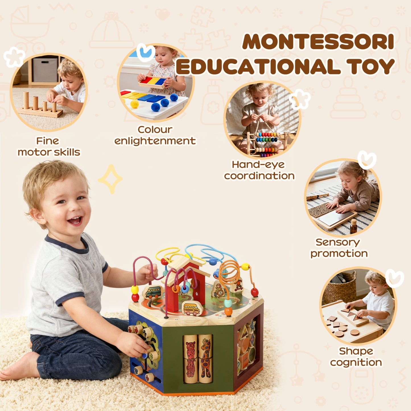 Wooden Activity Cube, 8 in 1 Baby Activity Cube Toys for 18M+