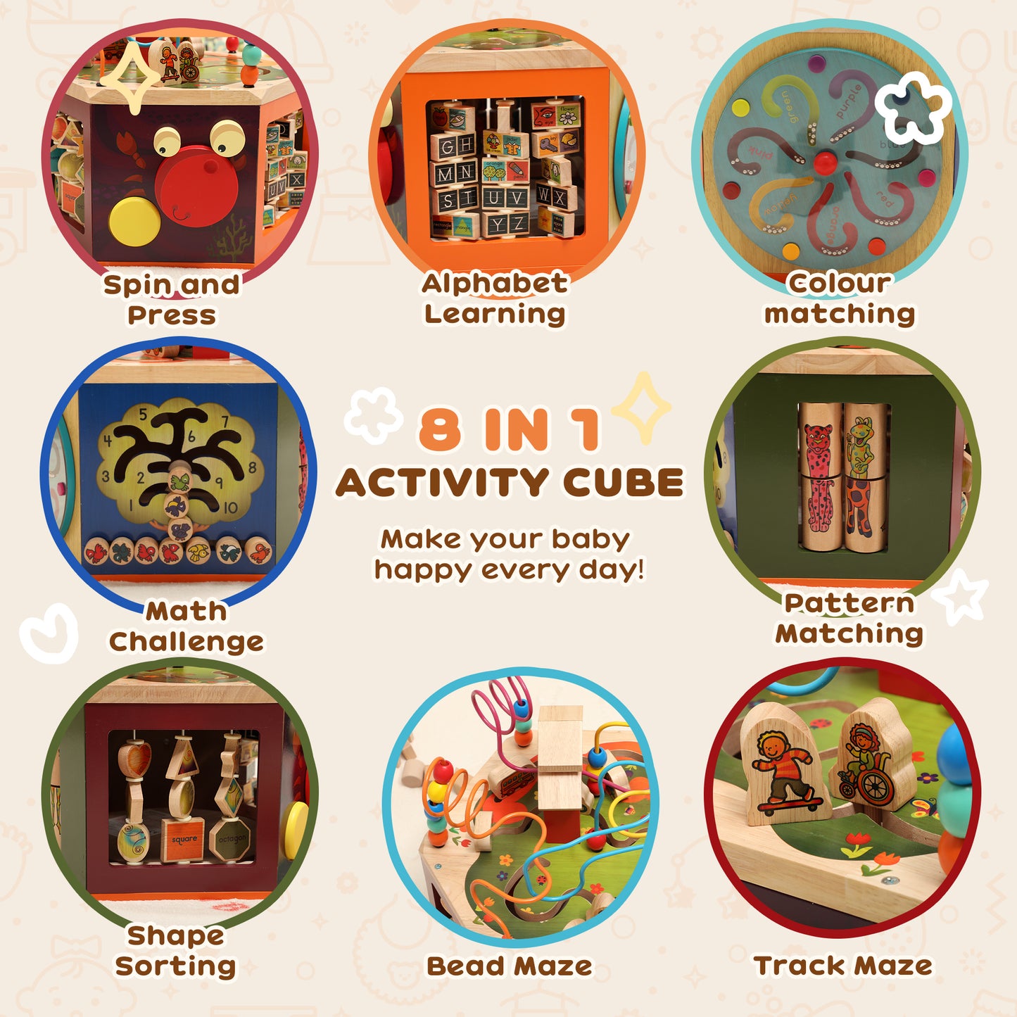 Wooden Activity Cube, 8 in 1 Baby Activity Cube Toys for 18M+