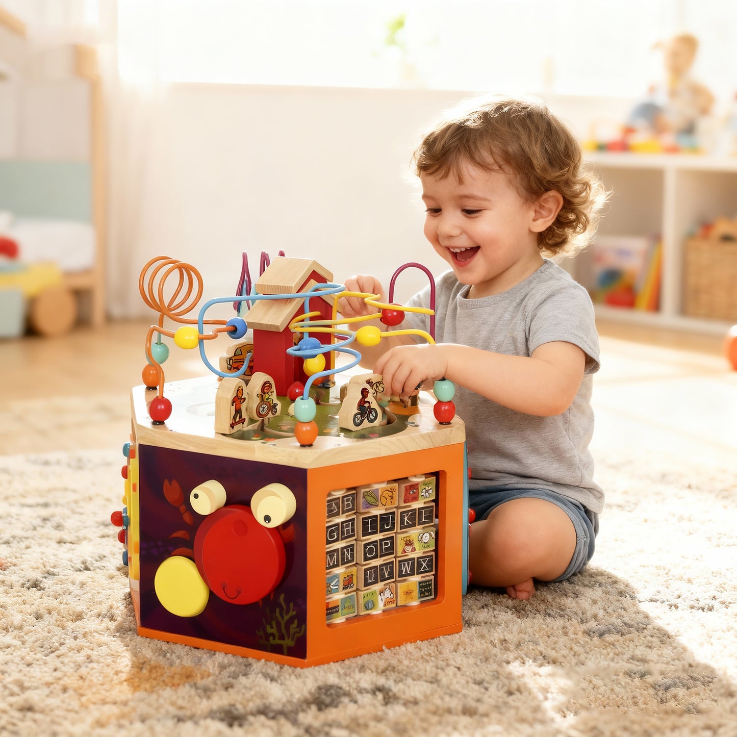 Wooden Activity Cube, 8 in 1 Baby Activity Cube Toys for 18M+