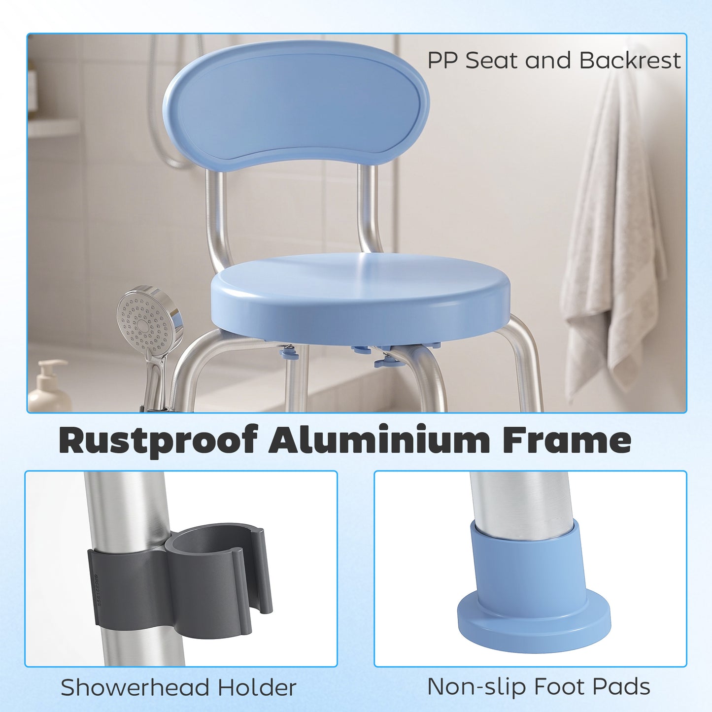 360° Swivel Shower Stool, Rotating Shower Chair with Aluminium Frame