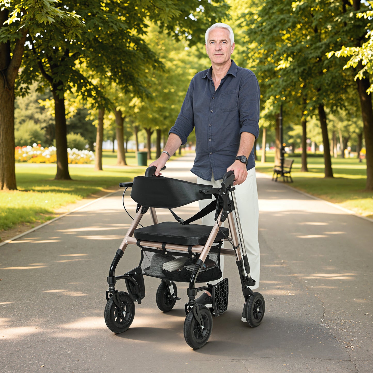 2-in-1 Mobility Walker with Seat, Foldable Rollator with Footrests